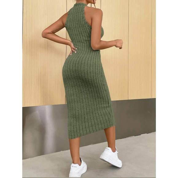 Minimalist Halter ribbed knot Bodycon midi Dress green - Picture 2 of 12